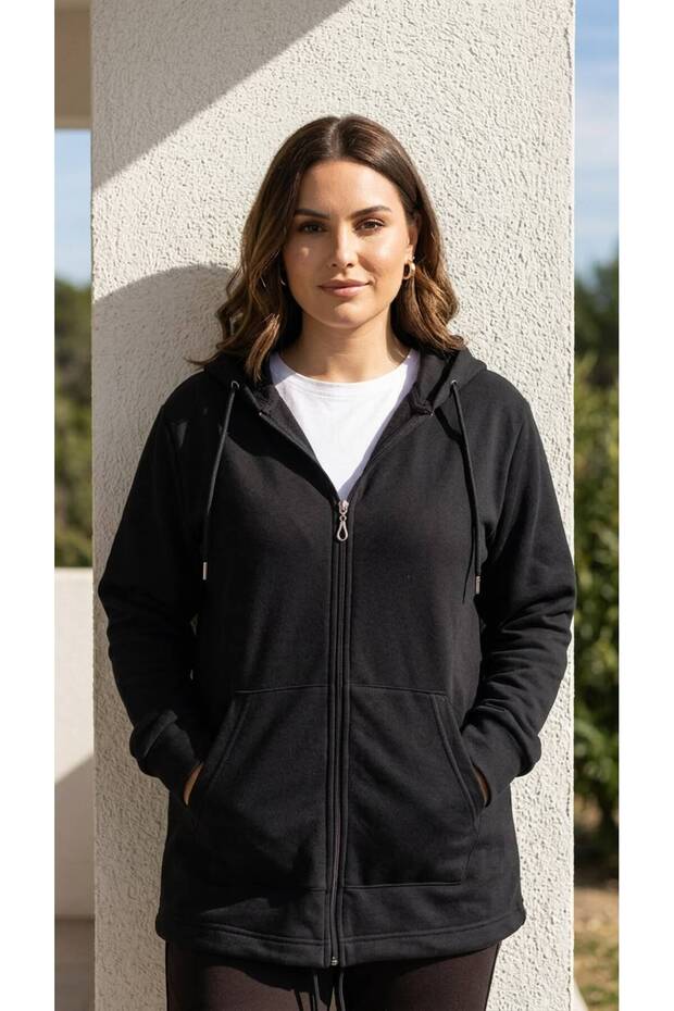 BLACK HOODED FLEECE-LINED JACKET