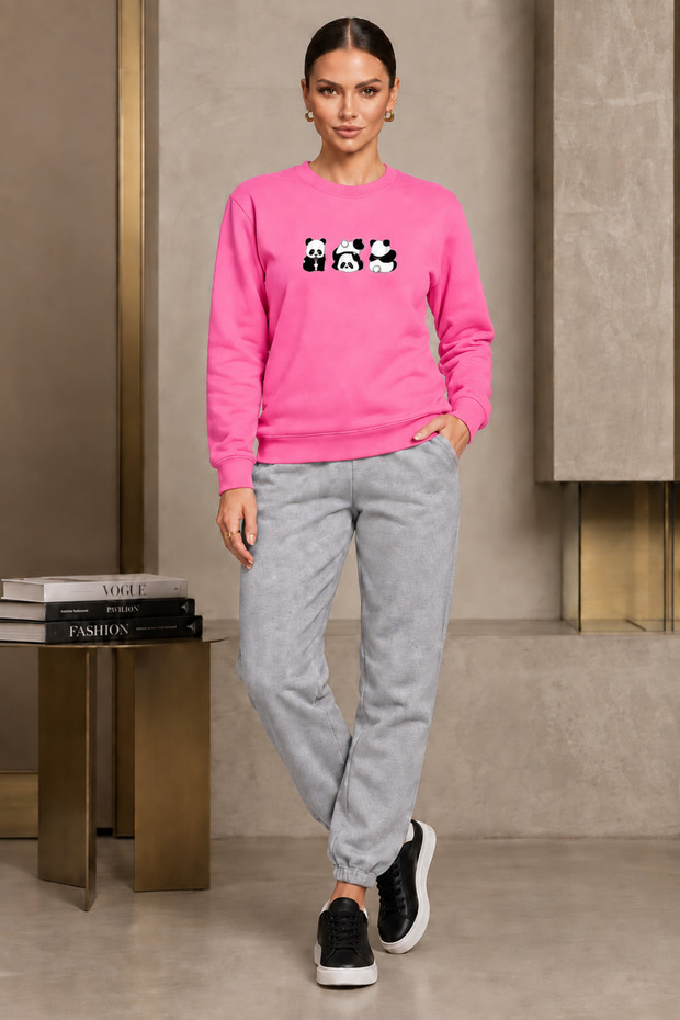Crew-Neck Brushed Inside Chardonnay Sweatshirt Set—Seasonal 3-Piece Set with Panda Print for Women/Girls