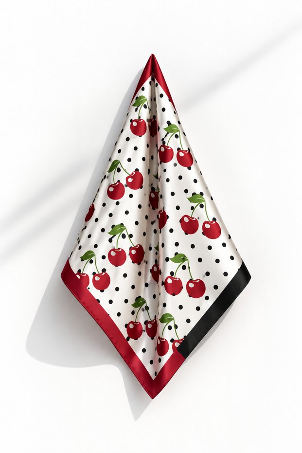 Cherry-Patterned Polka Dot Satin Scarf, 50x50 cm – White and Red, Silk-Textured Women’s Neck and Handbag Scarf