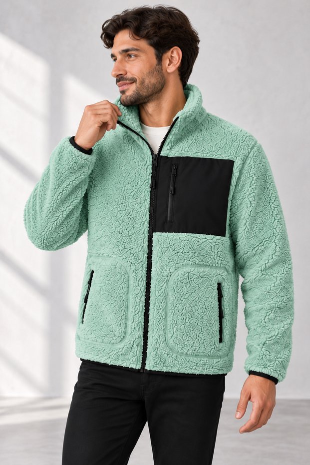 Men's Green Lamb Welsoft Fleece Jacket with Full Zipper and 3 Zippered Pockets