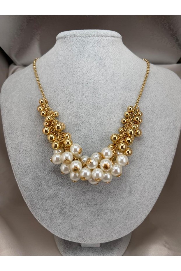 Stylish Women's Necklace with a Chain, Featuring Multiple Dangling Elements, Pearl and Beaded Round Bead Details