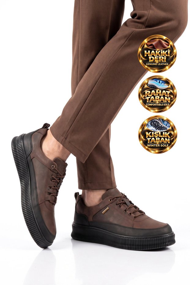Coffee Genuine Leather Lace-Up Casual Men's Shoes with Comfortable Soles 2514