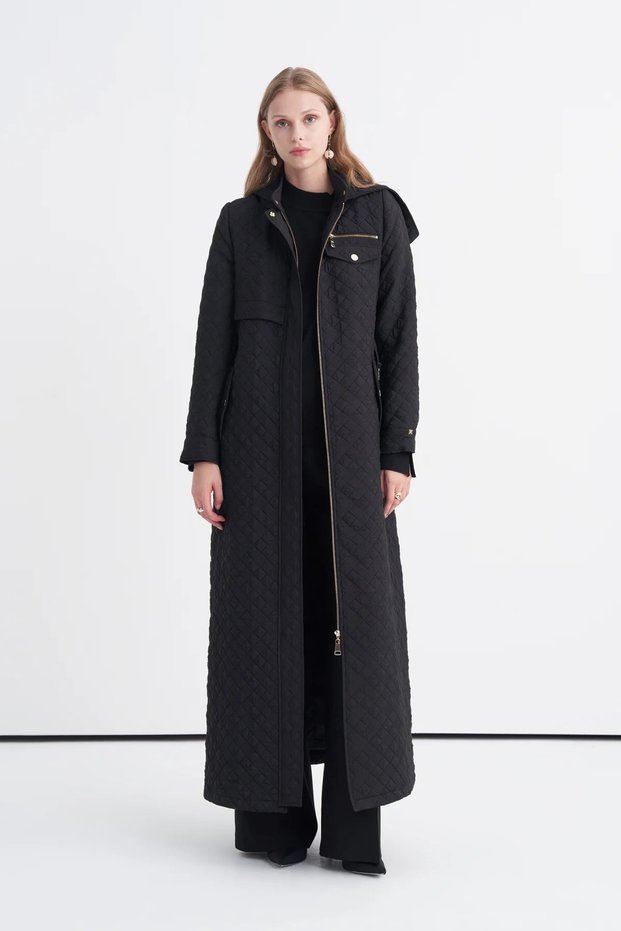 Black Quilted Trench Coat with Hood, Belt Detail, and Zip Detail 13993