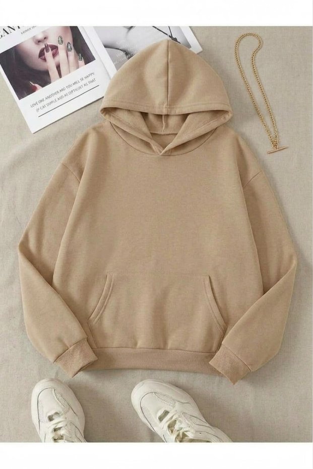 Unisex beige unprinted hooded sweatshirt