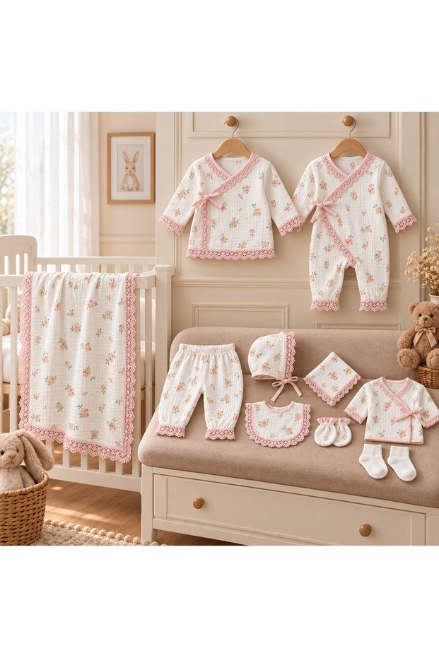 100% Cotton Muslin Newborn Hospital Outfit Set with Cream-Colored Lace Bow Detail, Powder-Colored Floral Print, and Bows
