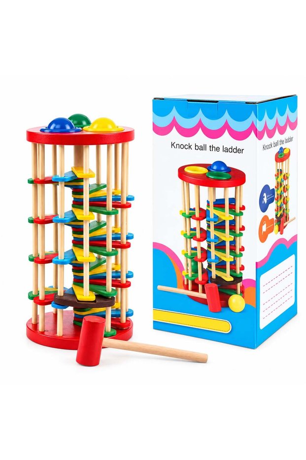 Wooden Ball Drop Tower Toy for Kids, Hammer Pounding Ball Run Game with Colorful Rolling Tracks, Montessori Educational Learning Toy for Hand Eye Coordination and Motor Skills, Ages 3+