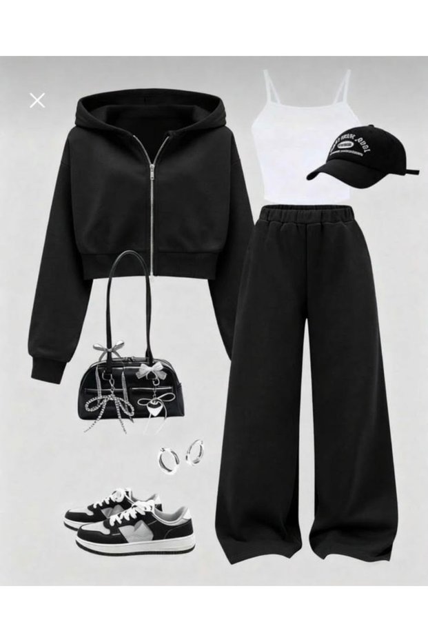3-Piece Winter Set: Unprinted Tank Top, Wide-Leg Pants, and Cropped Top with Zipper