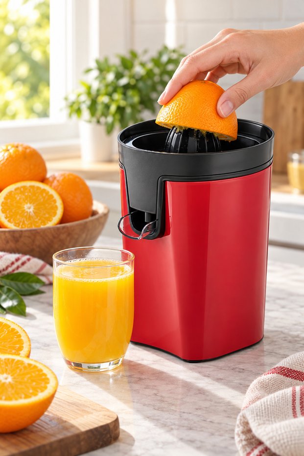 4-Piece Sinbo Citrus Juicer – 2 Different Juicing Heads, Quiet Operation and Anti-Drip Design, Red Electric Citrus Juicer for Home Kitchens