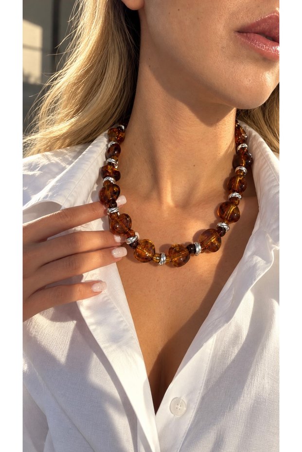 Brown Beaded ZR&MNG Necklace, 40+5 cm