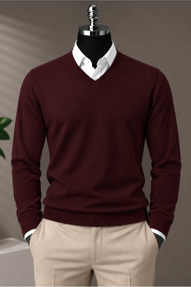 Men's Standard Fit, Regular Cut, Soft-Textured, Pilling-Resistant Burgundy V-Neck Knit Sweater