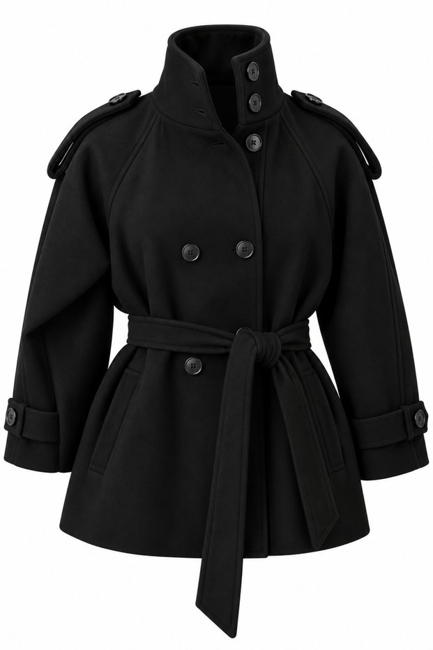 Premium Short Coat with Mock Neck and Shoulder Epaulets - Black