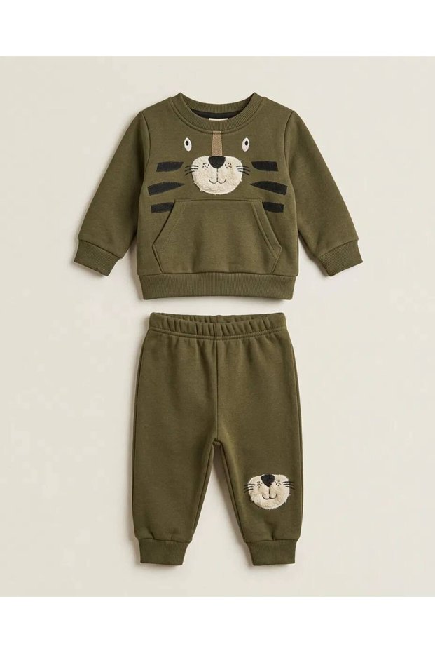 Unisex Baby Set with Embroidered Cat Design, 3-Strand Brushed Inside, 100% Cotton, 6-9-12-18-24 Months, Top and Bottom Set, 2-Piece Set for Girls/Boys, Winter Baby Set