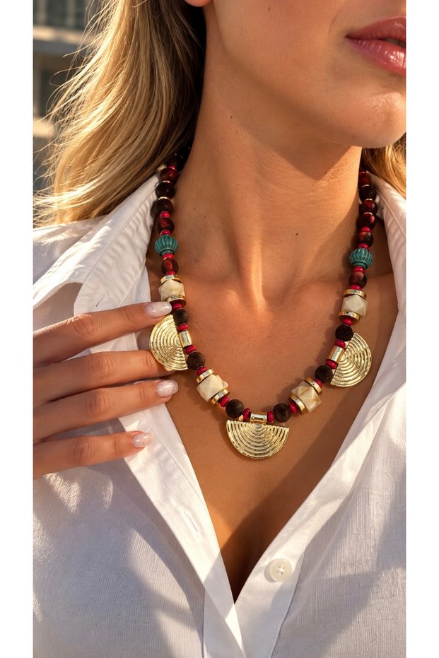 Brown ZR&MNG Necklace with Beaded Design, 40+5 cm