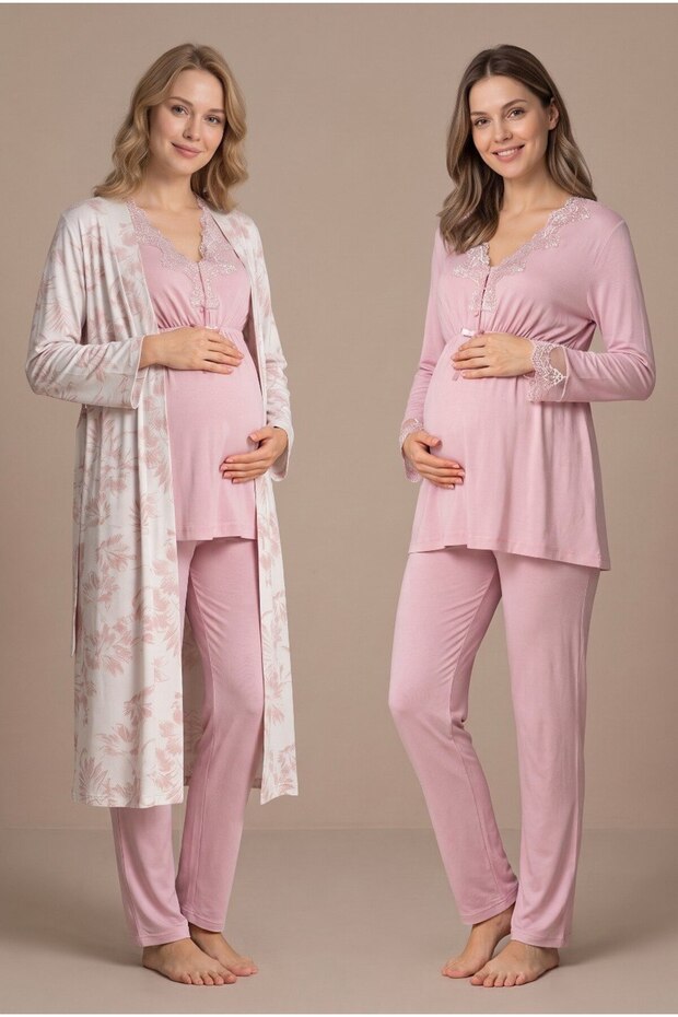 Women's Long-Sleeved Lace-Trimmed Powder-Print Pajama Set with Robe for Postpartum and Pregnancy, Designed for Easy Breastfeeding