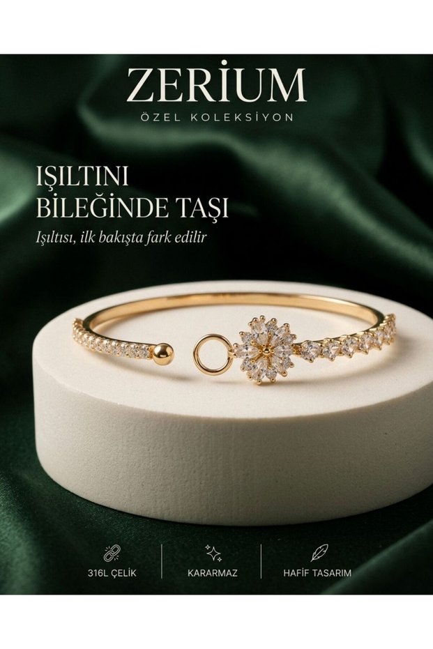 Women's Cuff Bracelet, Gold-Toned, with Flower Motif and Zircon Stones