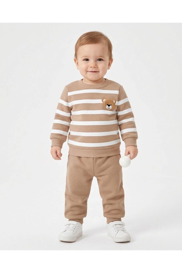 Boys' Süzene Teddy Bear Print Embroidered Winter 3-Thread Brushed Inside 1-2-3 Years 2-Piece Top and Bottom Set