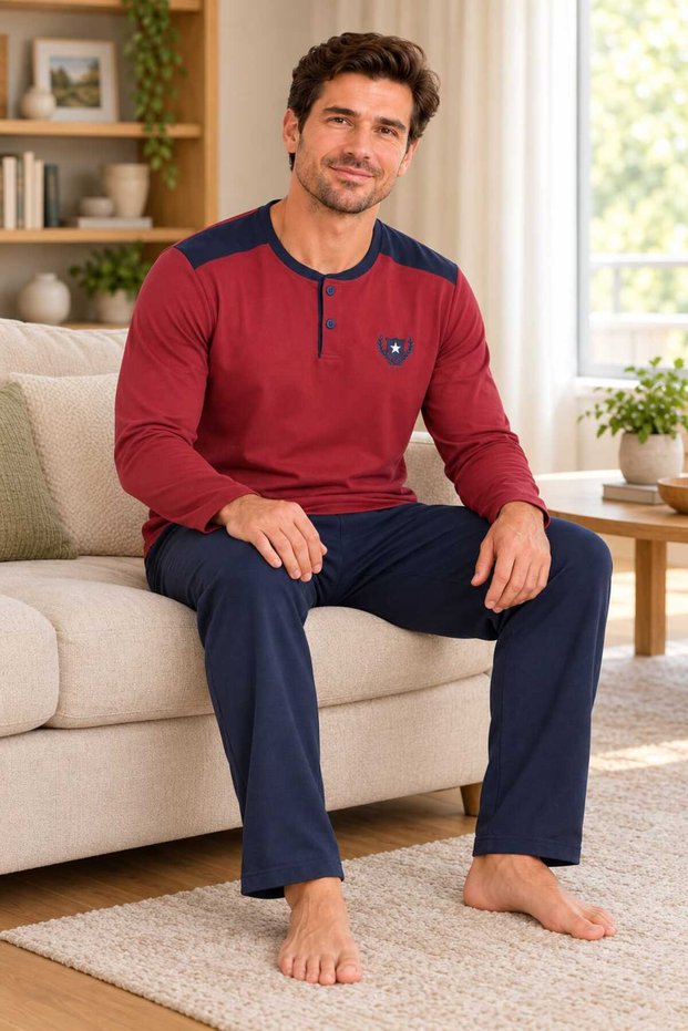 100% Cotton Men's Pajama Set, Long-Sleeved, Relaxed Fit