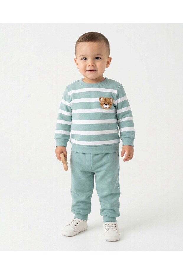 Boys' Süzene Teddy Bear Print Embroidered Winter 3-Thread Brushed Inside 1-2-3 Years 2-Piece Top and Bottom Set