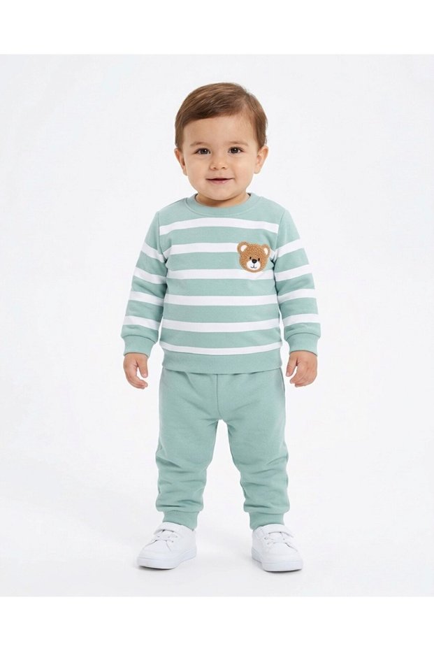 Boys' Süzene Teddy Bear Print Embroidered Winter 3-Thread Brushed Inside 1-2-3 Years 2-Piece Top and Bottom Set