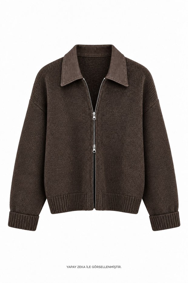 Coffee-Colored Sweater with a Collar, Brown
