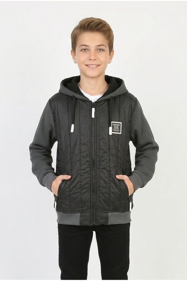 Boys' Three-Stripe Embroidered Hooded Zipper Sweatshirt with Thermal Lining and Fleece Sleeves for Everyday Wear
