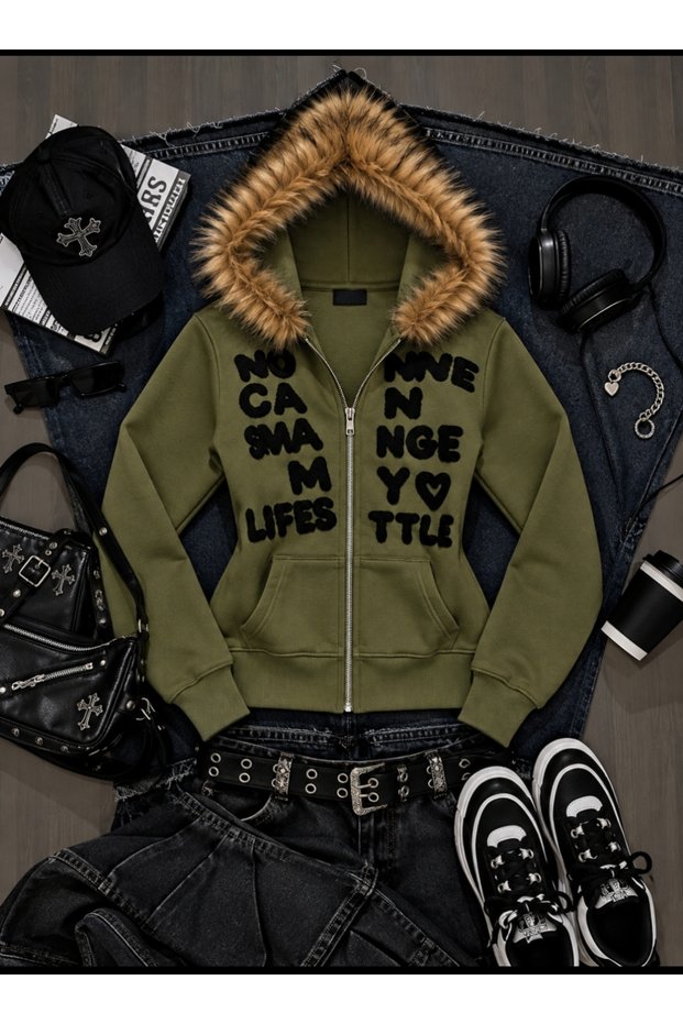 Y2K Vintage Graffiti Letter-Printed Fur-Trimmed Hooded Zipper Sweatshirt