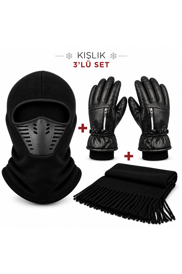 Winter Motorcycle Gloves with Fur-Lined Design and Zipper, Balaclava, Helmet-Compatible Air-Channeled Mask, 3-Piece Motorcycle Set, Knitted Scarf With Scarf