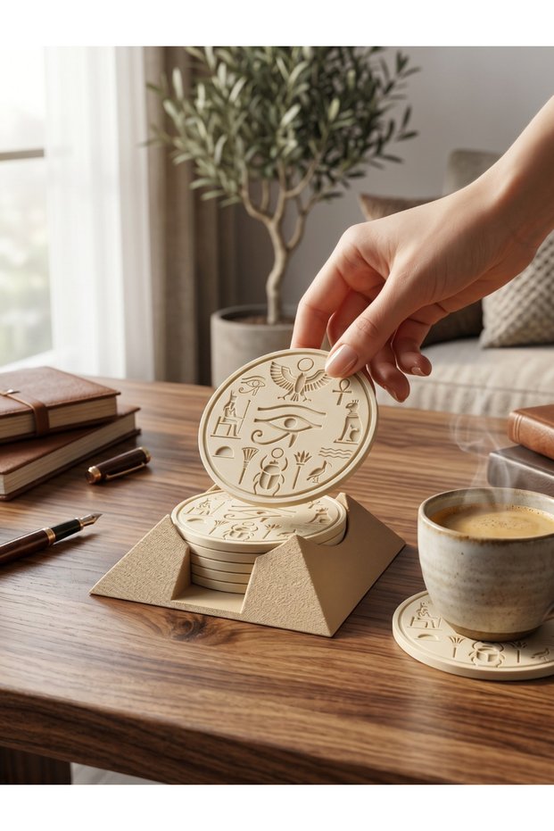 Ancient Egypt-Themed 3D-Printed Coaster Set with Pyramid Stand - Decorative Coasters and Coffee Serving Accessories