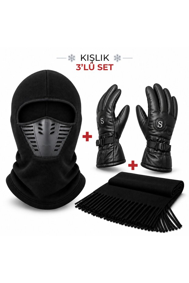 XXL Winter Motorcycle Gloves with Fur-Lined Lining, Balaclava, Helmet-Compatible Air-Channeled Mask—3-Piece Motorcycle Set, Knitted Scarf, Bicycle