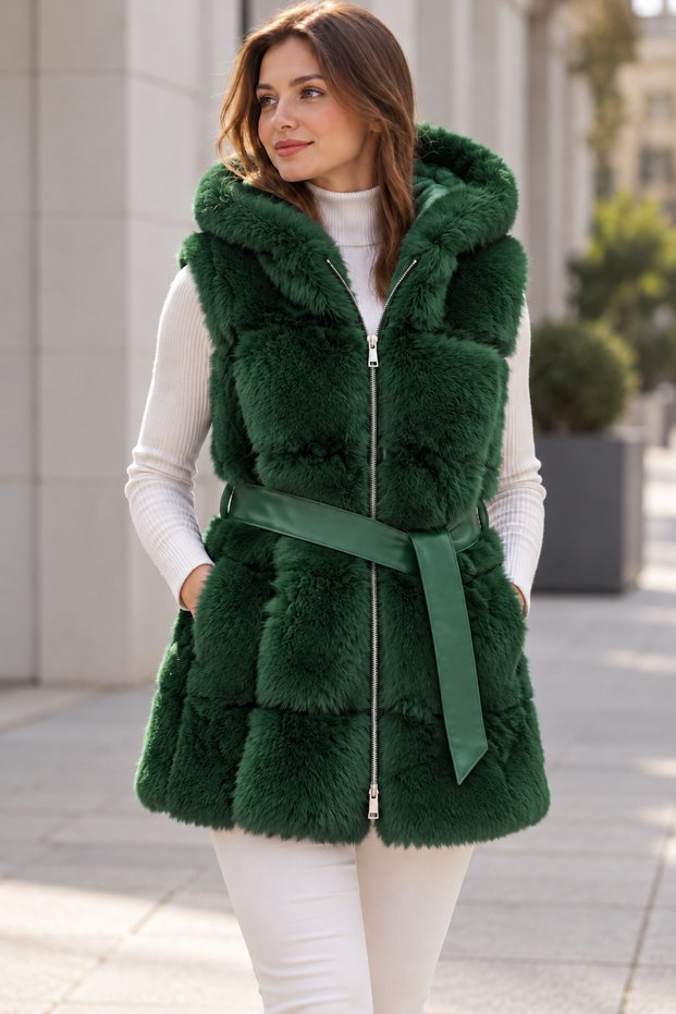 Women's Hooded Plush Vest with Belt Detail, Faux Leather Accents, Zip Detail, Sleeveless, and Zippered Pockets—Long Vest