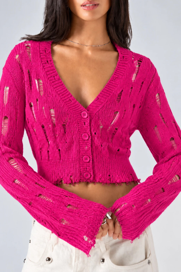 Women's Green V-Neck Button-Up Cropped Long-Sleeve Knit Cardigan with Slit Details and Sleeve Details