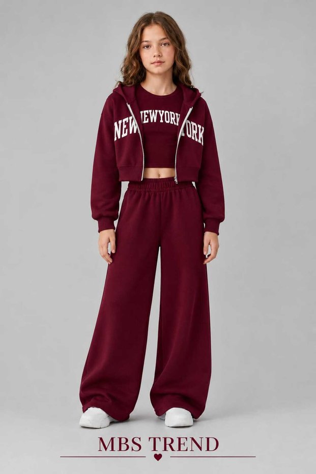 Winter Girls' "New York" Print 3-Piece Set: Girls' Hooded Sweatshirt, Cropped Top, and Wide-Leg Sweatpants