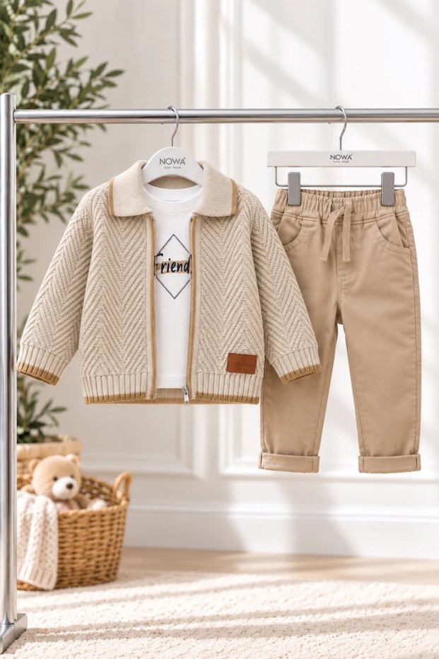Boys' 3-Piece Set with Zipper-Front Knit Cardigan – Printed T-Shirt and Pants, 9–24 Months