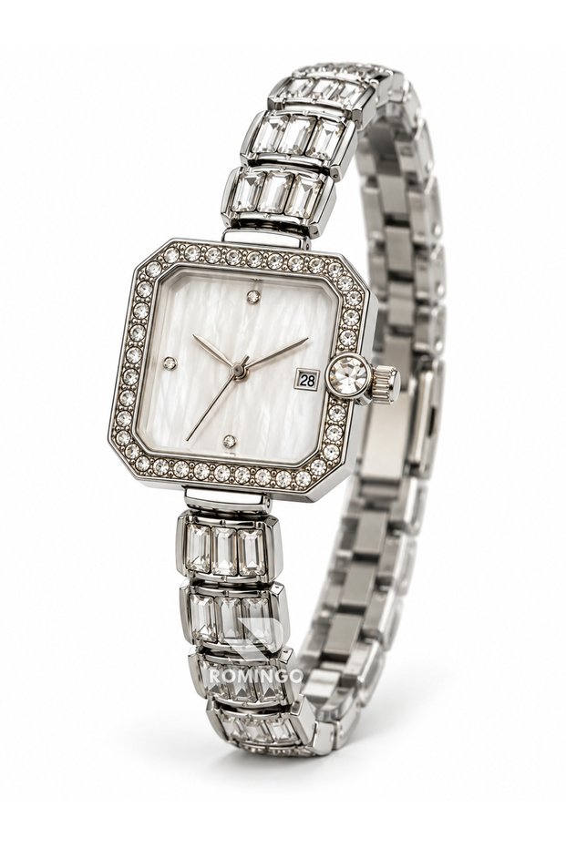 Women's Wristwatch with Chiseled Corners, Square Case, Stone Embellishments, Silver-Tone Steel Strap, 3 ATM Water-Resistant, Elegant Bracelet-Style Analog Watch
