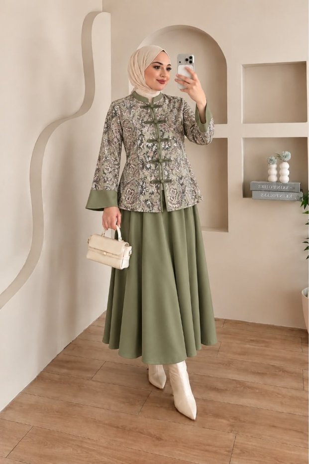Women's OLIVE Sandy-Print Mock Neck Jacket and Flared Skirt Two-Piece Set