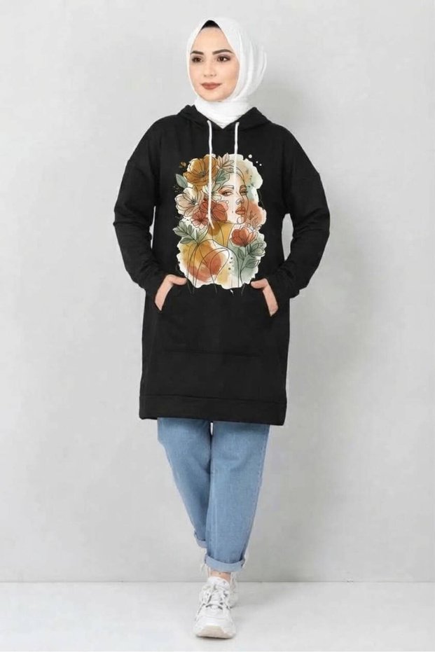 Black Long-Sleeved, 90 cm, Hooded, Kangaroo Pocket, Oversized Women's Tunic with Printed Figure Design 🌸✨