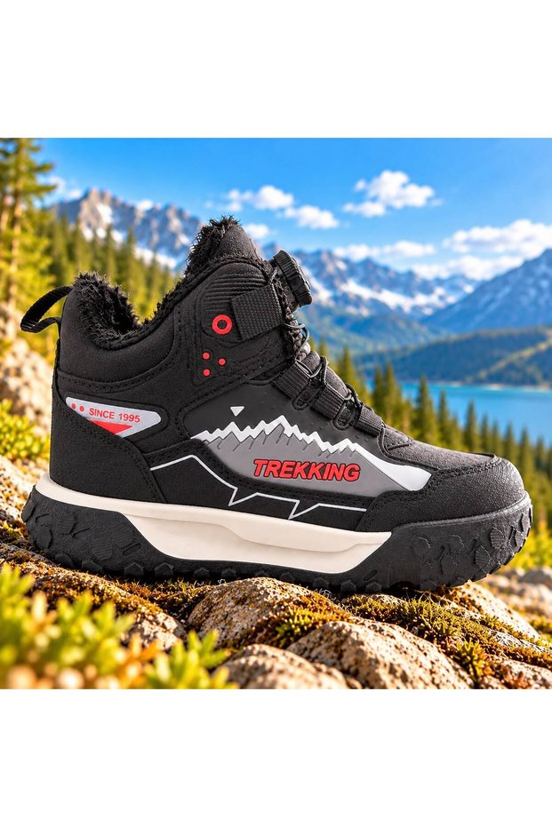 Children's Lace-Up Outdoor Trekking Boot with a Sporty Design and Fleece Lining