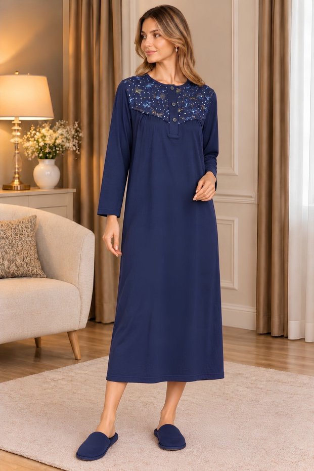 Mecit 6418 Navy Blue 100% Cotton Plus Size Women's Nightgown