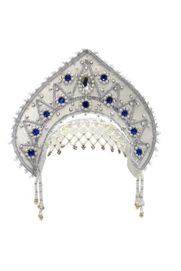 Women's Traditional Headdress Kokoshnik - White with Blue and White Stones