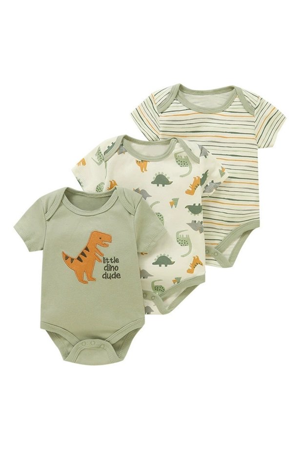 Baby Cotton Dino Bodysuit Short Sleeve – 3-Piece Newborn Outfit