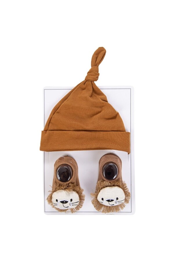 Little Champ Baby Knot Hat & Lion Socks Set - Brown