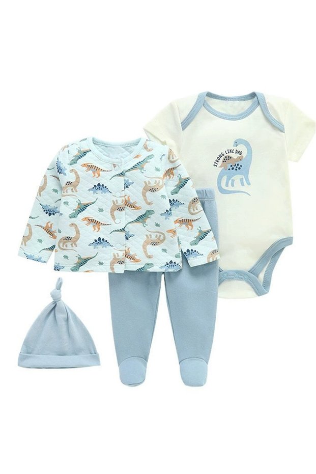 Baby Boy Cotton Clothing Set with Jacket, Bodysuit, Pants & Hat – 4-Piece Toddler Outfit – Blue