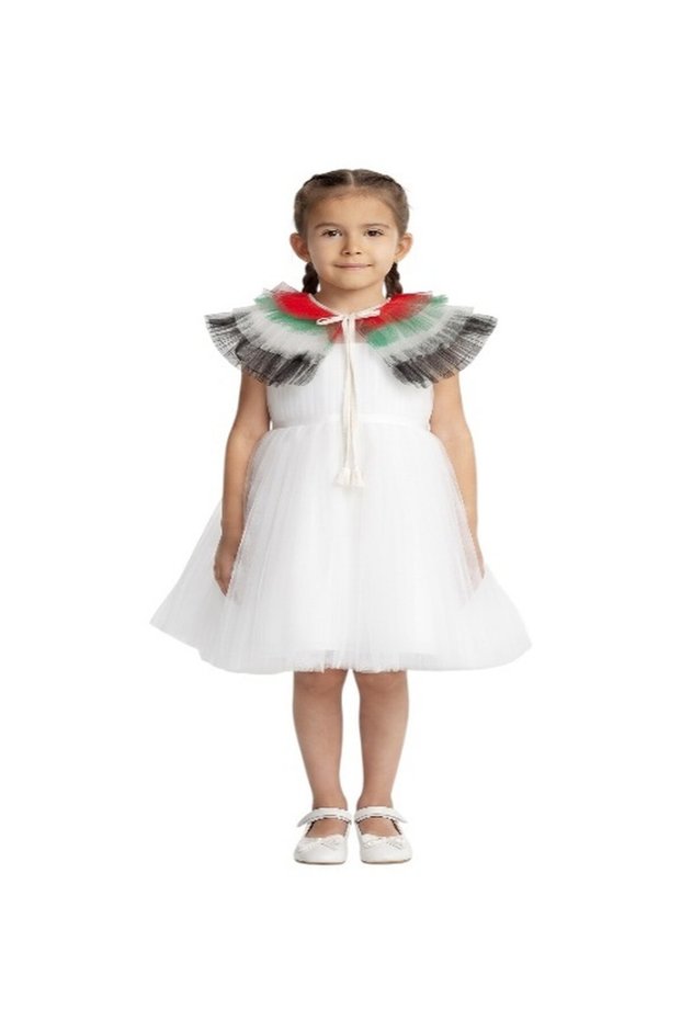 Girls 2-in-1 UAE National Day Satin & Tulle Tutu Dress with Detachable Flag Ruffle Cape – White