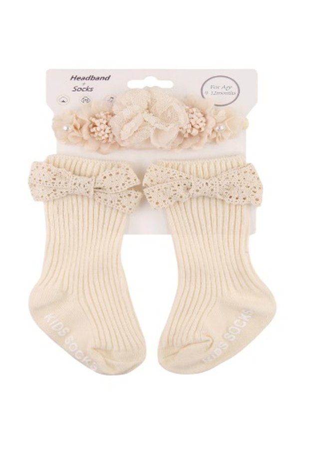 Briana Cream Flower Headband and Socks Set for Babies - Cream
