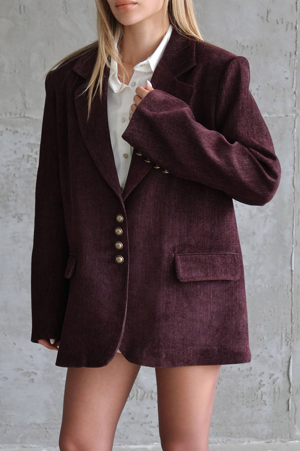 Plum Oversized Chenille Velvet Padded Shoulder Pad Blazer Jacket