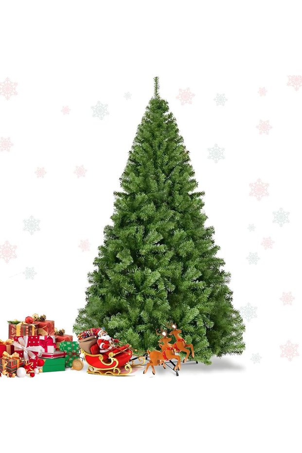 Christmas Tree 8FT, Real Pine Needles Artificial Christmas Trees with 1600 Full Branches Tips,Xmas Tree for Home and Office Indoor & Outdoor Decoration,Easy Assembly Metal Stand