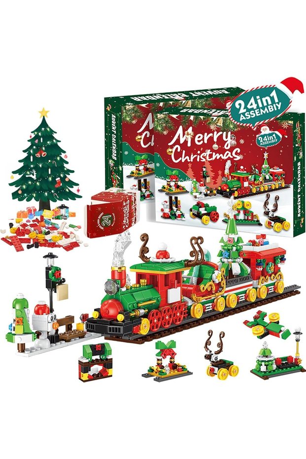 2026 Christmas Building Blocks For Kids,24 Days Countdown Calendars Blind Box-24PC Mini Building Blocks- 24 In 1 Christmas Santa Tree Train House Block Toy Set for 3-12 Kids Gifts (style 4)