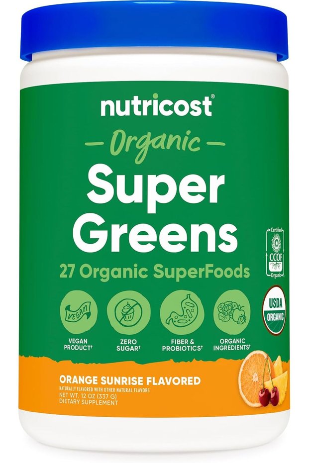 Organic Super Greens Powder (30 Servings) Orange Sunrise Flavor - Superfood Supplement Drink Mix