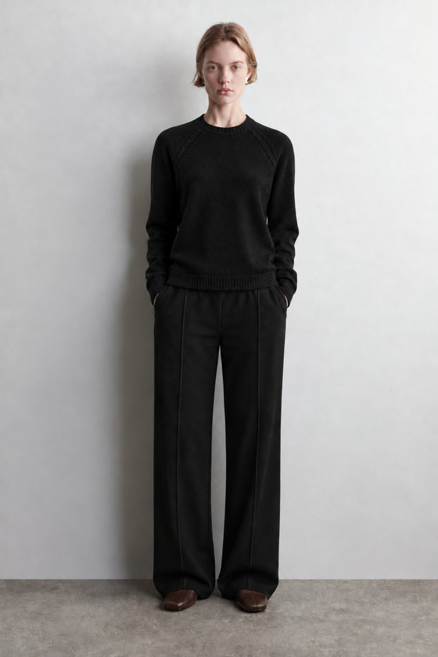 Women's Black Knitted Sweater with a Crew Neck, Made from Lambswool
