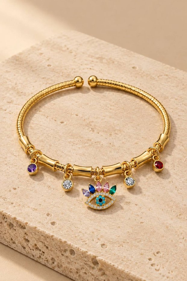 Women's Gold-Toned Bracelet with Colorful Zircon Stones and an Evil Eye Charm (Ships in a Box)